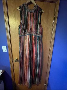 Beaded-Neckline Multicolor Striped Maxi Dress - Sleeveless